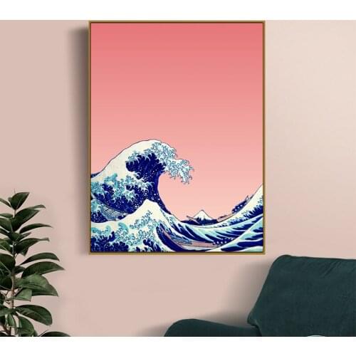 Great Wave of Kanagawa Ukiyoe Japanese Art Canvas Prints Pink Wave Vintage Poster Wall Picture Famous Painting Living Room Decor