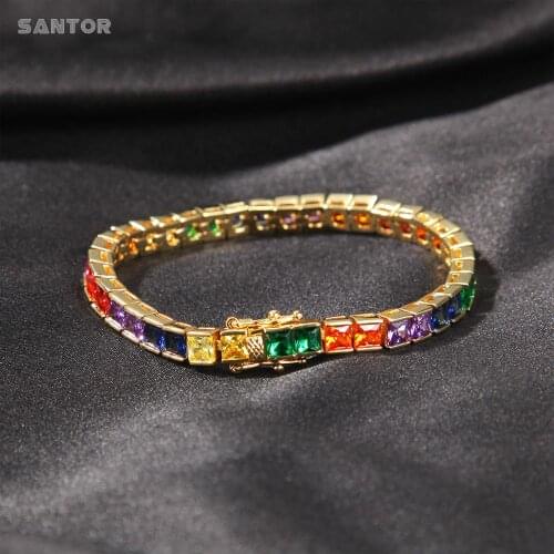 Hip Hop Bracelet Inlaid Rainbow Color Banguette Square Zircon Bracelet Tennis Chain Men Women Hand Jewelry