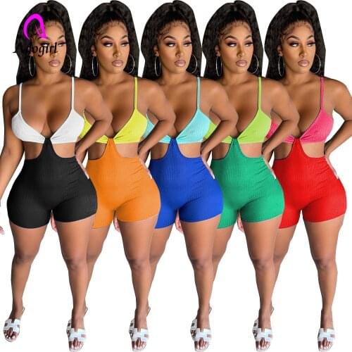 Color Patchwork Women Romper Fitness Cut Out Sleeveless High Waist Biker Playsuit 2021 Summer Sexy Club Party One Piece Jumpsuit