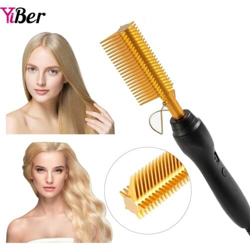Electric Heating Comb for Afro Hair 2 in 1 Hair Straightener Curling Iron Copper Hot Hair Straighting Brush for Wet & Dry Hair