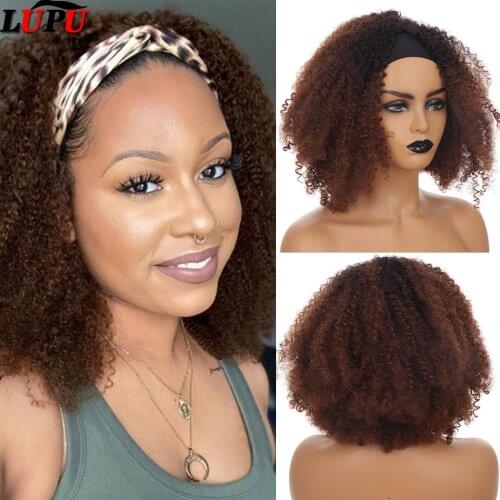LUPU Long Afro Kinky Curly Headband Wig For Black Women High Temperature Fiber Ombre Brown Black Synthetic Headwraps Hair Wig