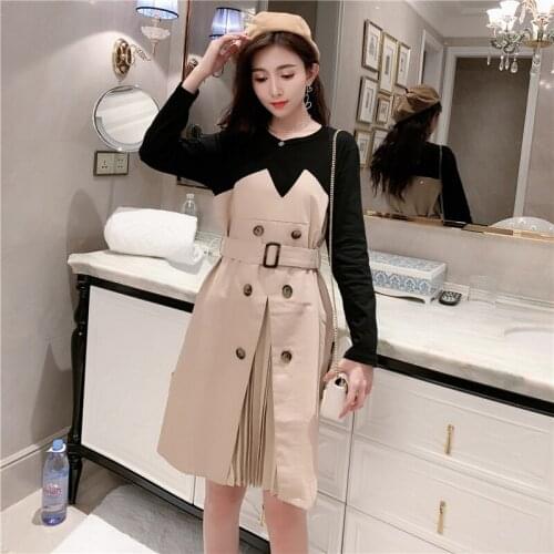 Korean A-line O-neck Sashes Mini Dress Female 2019 Autumn New Patchwork Long-sleeve Double-breasted Womens Dress Vestidos