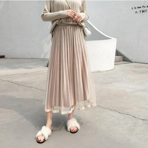 2020 Autumn Winter New Elastic High Waist Slim Solid Mesh Pleated Skirt Casual Large Skirt Mid-length A-line Skirt Free Shipping