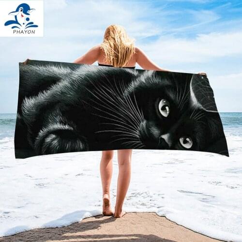 PHAYON 1Pcs Quicky-dry Microfiber Bath Towels Blue Cat 75*150cm Black Beach Towel Animals Large Sport Towels Camping Accessories