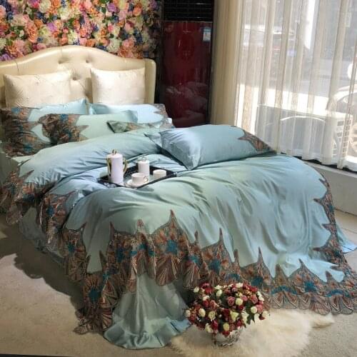 Luxury Tencel Noble Blue120S Egyptian cotton Lace Bedding sets Queen King Silky Royal Duvet cover Bed sheet set Pillowcase 4/6pc