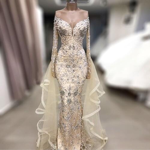 Luxuly Hand Made Beading robe de soiree Evening Dress Long Sleeves Pearls Sheer Illusion Mermaid New Fashion Prom Gowns