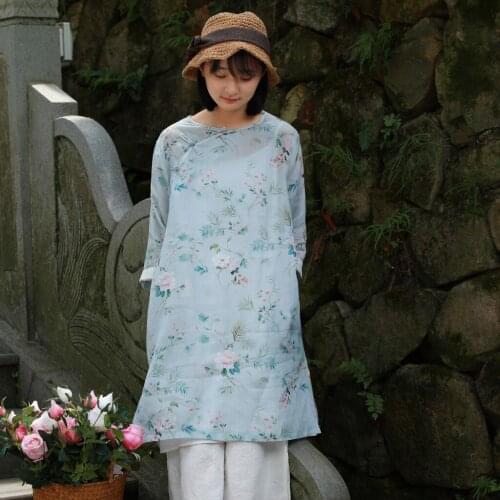 S961 womens new transparent printing ramie long top loose large dress