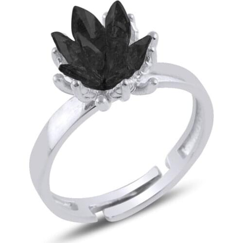 Silver 925 Sterling Lotus flower Black Zircon Stone Ring
