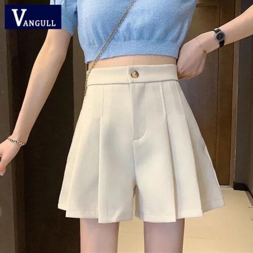 Vangull Pleated Wide Leg Shorts Pants Women 2021 Summer New High Waist Female Zipper Pockets Casual Fashion Loose Solid Pants