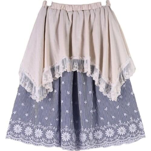Harajuku Spring Mori Girl Sweet Lace Skirt Women Patchwork Striped Mulity Lace Layer Embroidery Female Kawaii Lolita Skirt A221