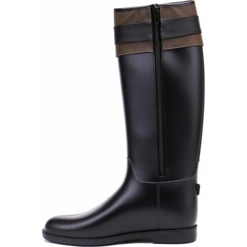 14-593 TONGPU Womens Zipper Closure Decorative Golden Buckle and Belt Black and Deep Brown Knee-High Waterproof PVC Rain Boots
