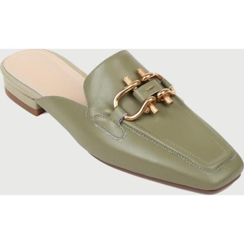 Summer New Genuine Cow Leather Hot Style Womens Muller Shoes Metal Buckle Low Heels Square Toe Ladies Slippers