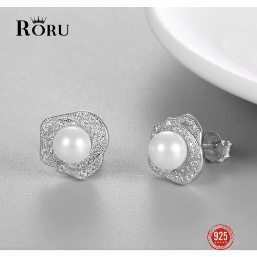 Real 925 Sterling Silver Earrings Natural White Pearl Stylish Stud Earrings for Women Rose Shaped Zircon Fine Jewelry