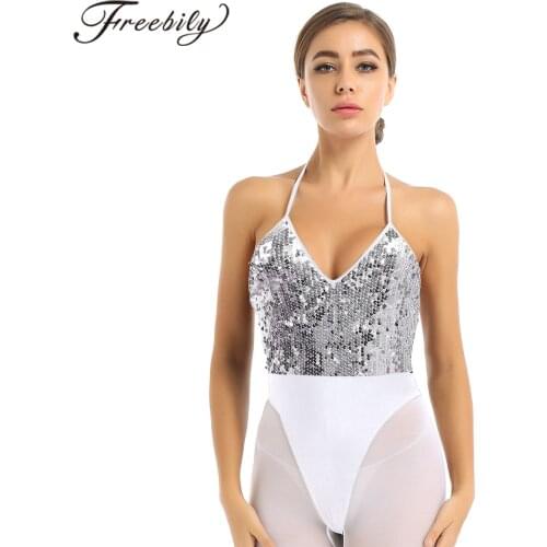 Womens One-piece Shiny Sequins Fashion Swimsuit Halter Deep V Neck Backless Leotard Sleeveless Bodysuit Tank Top Vest Swimwear