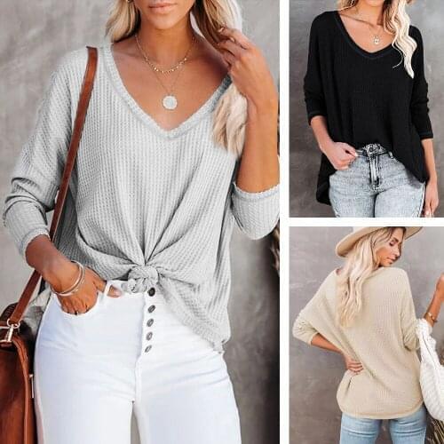 WomenS Solid Color Waffle Knitted Top V-Neck Off-The-Shoulder Loose Casual Bat-Sleeved Top Long-Sleeved Pullover T-Shirt