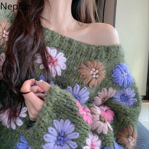 Neploe Pull Femme Floral Embroidery Pullover Women Sweater 2021 Sexy Strapless Bat Knitted Top Green Causal Loose Knitwear 56658