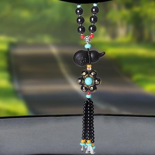 Car Pendant Obsidian Gemstone Guanyin Beaded Car Rearview Mirror Decoration Jade Gourd Car Interior Accessories Ornaments Gifts
