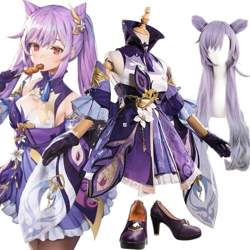Genshin Impact Keqing Purple Game Suit Dress Lovely Uniform Anime Cosplay Costume Wigs Shoes Halloween Party Outfit For Women