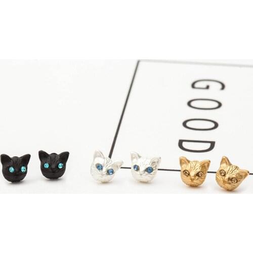 Cat Earrings Gold Silver Black Plated Cute Animal Head Stud Earring Women Crystal Rhinestone Zircon Ear Accessories Jewelry