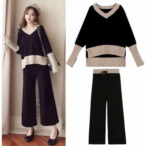 Suit female temperament of autumn outfit new web celebrity fashion knitting coat wide-legged pants goddess brim two suits