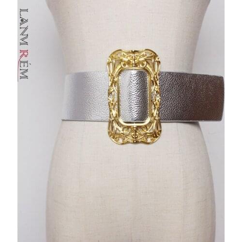 LANMREM 2021 Hot Sale All-match Wide Belt For Women Solid Sliver Hollow Metal Buckle Fashion Leather Waistband Female ZK092
