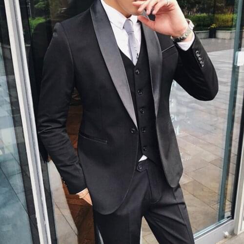 2021 New Fashion Luxury Black Shawl Lapel Men Suits Slim Fit Groomsmen Tuxedo For Wedding Beach Party Suits (Jacket+Vest+Pants)