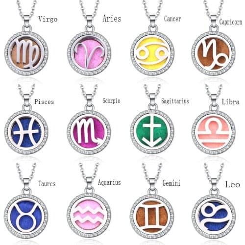 12 Constellations Zircon Aromatherapy Necklace Magnetic Pendant Stainless Steel Perfume Essential Oil Diffuser Lockets Jewelry