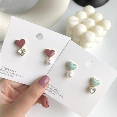 Romantic Sweet Pink Blue Heart Pearl Rhinestone Asymmetric Drop Earrings Korean Love Pendent Earrings for Women Girl Ear Jewelry