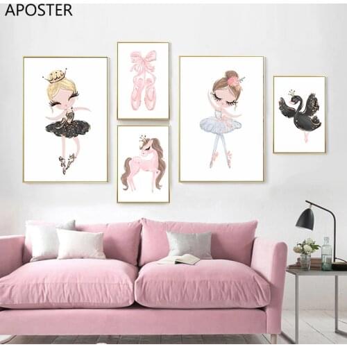 Nordic Ballet Princess Baby Nursery Poster Unicorn Wall Art Canvas Painting Swan Wall Pictures For Children Kid Girl Room Decor