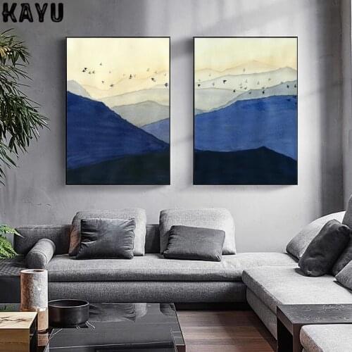 Modern Wall Art Dark Blue Mountains with Flying Birds Canvas Painting Poster and Prints for Home Decor Living Room Office Deco