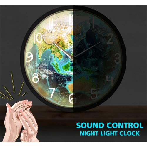 Planet Earth Modern Wall Clock LED Luminous Sound Activated Night Light Voice Control Metal Frame Lamp Quiet Sweep Quartz Watch