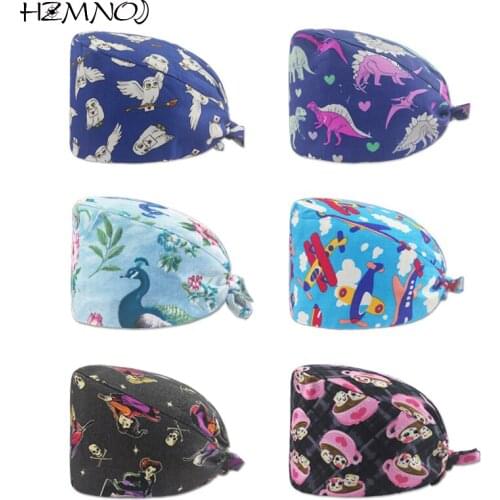 Fashion Printed Medical Uniform Unisex Cotton Button Nurse Cap Adjustable Scrub Cap Beauty Salon Laboratory Pet Shop Scrub Cap