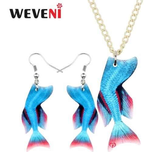 WEVENI Acrylic Blue Fairy Mermaid Fish Tail Necklace Earrings Jewelry Sets Unique Fahion Gift Girls Teens Charm Party Accessory