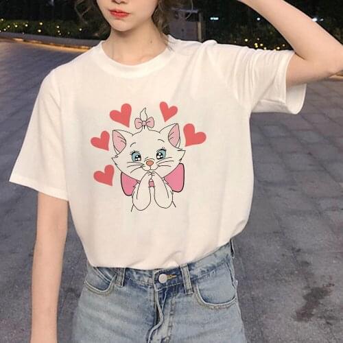 Female Cartoon Marie Cat Tshirt Short Sleeve Casual The Aristocats Print Ulzzang Clothes Kawaii Harajuku Vintage Women T-shirt