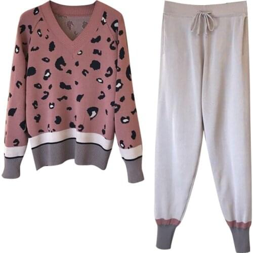 Spring Autumn 2021 New Two Piece Set Women V-neck Leopard Print Loose Knit Pullover Tops Sweater Small Feet Elastic Pants