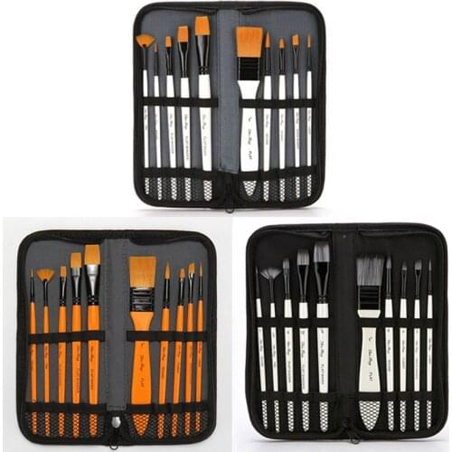 10Pcs Nylon Hair Oil Acrylic Watercolor Painting Brushes Set Drawing Art Supplies With Carrying Case