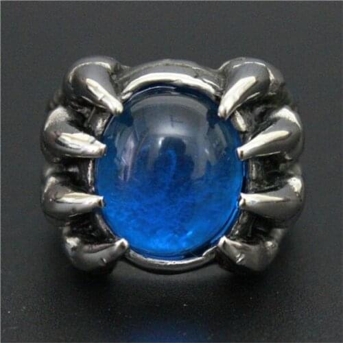 2015 Mens Biker Ring 316L Stainless Steel Gothic Style Big Skull Claws Biker Ring With Blue Stone Top Quality