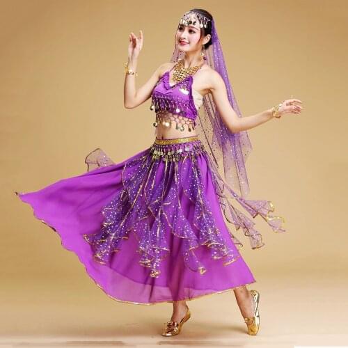 Bollywood Belly Dance Costume Set Indian Dance Sari Bellydance Skirt Suit Women Chiffon 5pcs (Headpieces Veil Top Belt Skirt)
