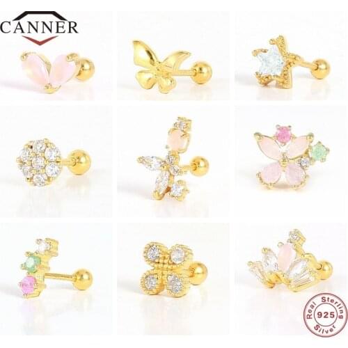 CANNER 100% 925 Sterling Silver Colorful Zircon Stone Stud Earrings for Women Small Piercing Cartilage Earring Jewelry Pendients