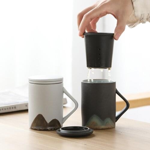 Milk Coffee Juice Cup Tumbler Water Mugs Drinkware Creative Mountain Design Ceramic Tea Infuser Cup with Lid Filter