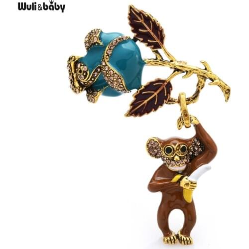 Wuli&baby Naughty Monkey Hold Rose Brooches For Women Unisex 2-color Enamel Eat Banana Raise Flower Animal Party Brooch Pins