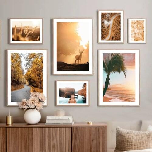 Autumn Forest Deer Beach Palm Grass Lake Leaves Nordic Poster Wall Art Print Canvas Painting Decoration Pictures For Living Room