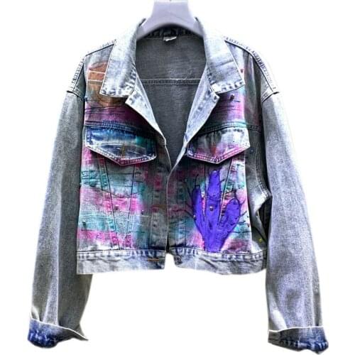 New Fashion Basic Coat Bombers Vintage Denim Jacket Women Cowboy Jeans 2019 Autumn Graffiti Jean Jacket Female Outerwear M323