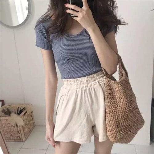 Summer Casual Solid Knitted Short Sleeve T-shirt Women Korean Ulzzang V-Neck Elastic T Shirt Vogue Vintage Female Tops Tee Shirt