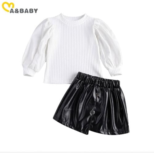 Ma&Baby 1-6Y Spring Autumn Kid Children Girls Clothes Set Lace Puff Sleeve Tops Pu Leather Skirts Girl Clothing Costumes Outfits