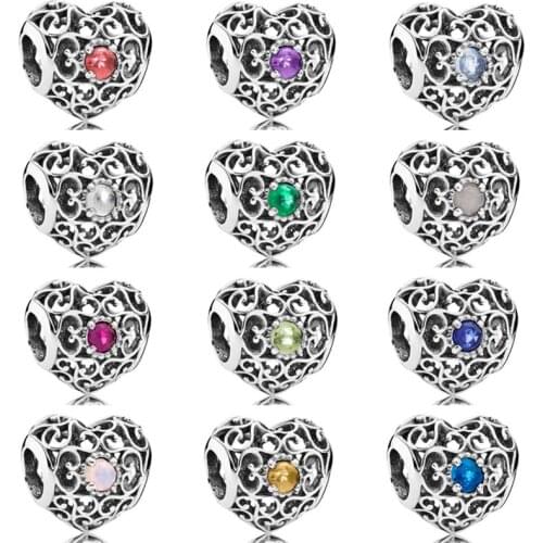 Month Signature Heart Birthstone With Crystal Charm Beads Fit Europe Bracelet Bangle Bead Charm Diy Jewelry