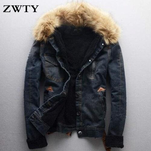 ZWTY Brand Men Jacket Winter Coats New Clothing Fur Collar Denim Jacket Fashion Slim Mens Jeans Thick Warm Outwear Male Cowboy