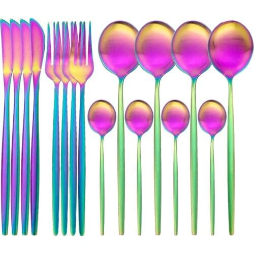 16Pcs Rainbow Dinnerware Set Matte Silverware Cutlery Set 304 Stainless Steel Tableware Knife Fork Spoon Flatware Set Kitchen