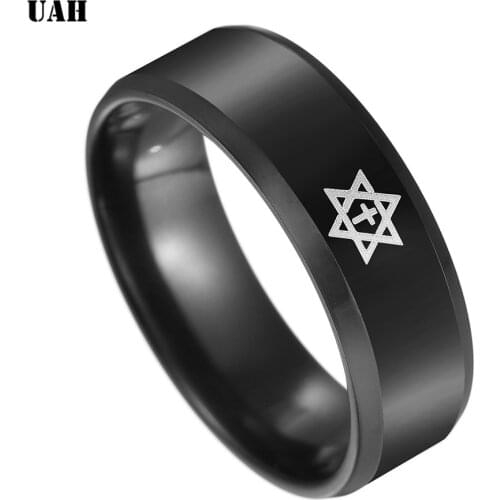 UAH 2018 New Black Titanium Steel Pentagram Star of David Cross Ring Mens Women Wedding Band Israel Jewish Jewelry