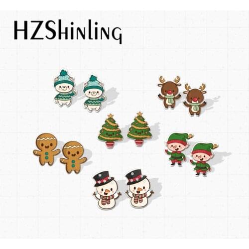 New Cute Christmas Reindeer Snowman Bear Elf Christmas Tree Kawaii Cartoon Epoxy Acrylic Resin Earrings for Christmas Gifts